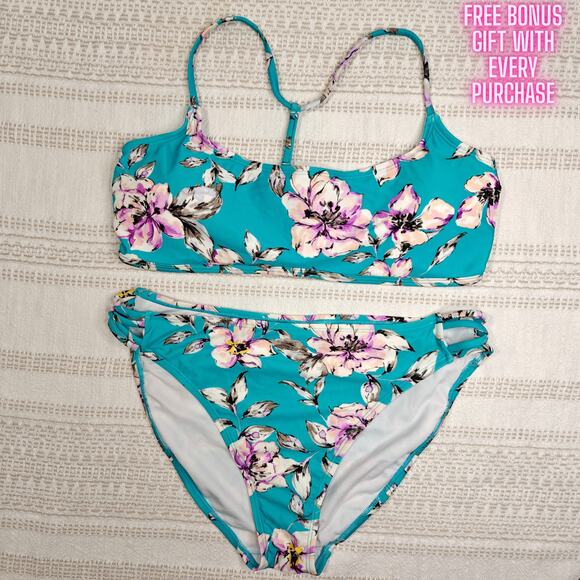Sand Castle Floral Bikini Set 2-Piece Swimsuit Aqua Pink Size XL NEW - Picture 1 of 5
